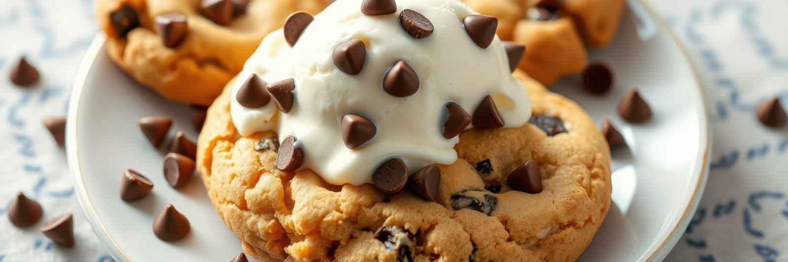 Freshly baked chocolate chip cookies topped with creamy whipped cream and chocolate chips